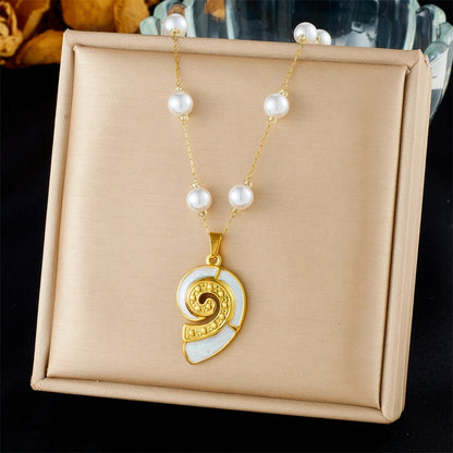 316L Stainless Steel Golden Sea Shells Conch Pendant Pearl Necklace Women New Fashion Neck Chain Jewelry Party Gift