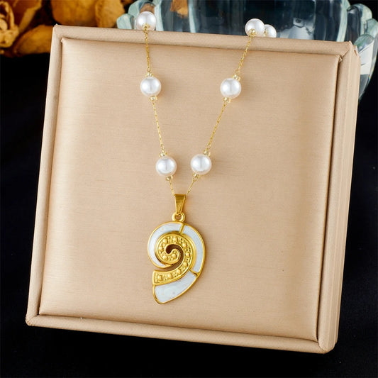 316L Stainless Steel Golden Sea Shells Conch Pendant Pearl Necklace Women New Fashion Neck Chain Jewelry Party Gift