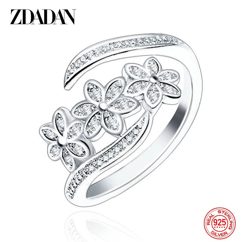 ZDADAN 925 Silver Adjustable CZ Flower Ring for Women