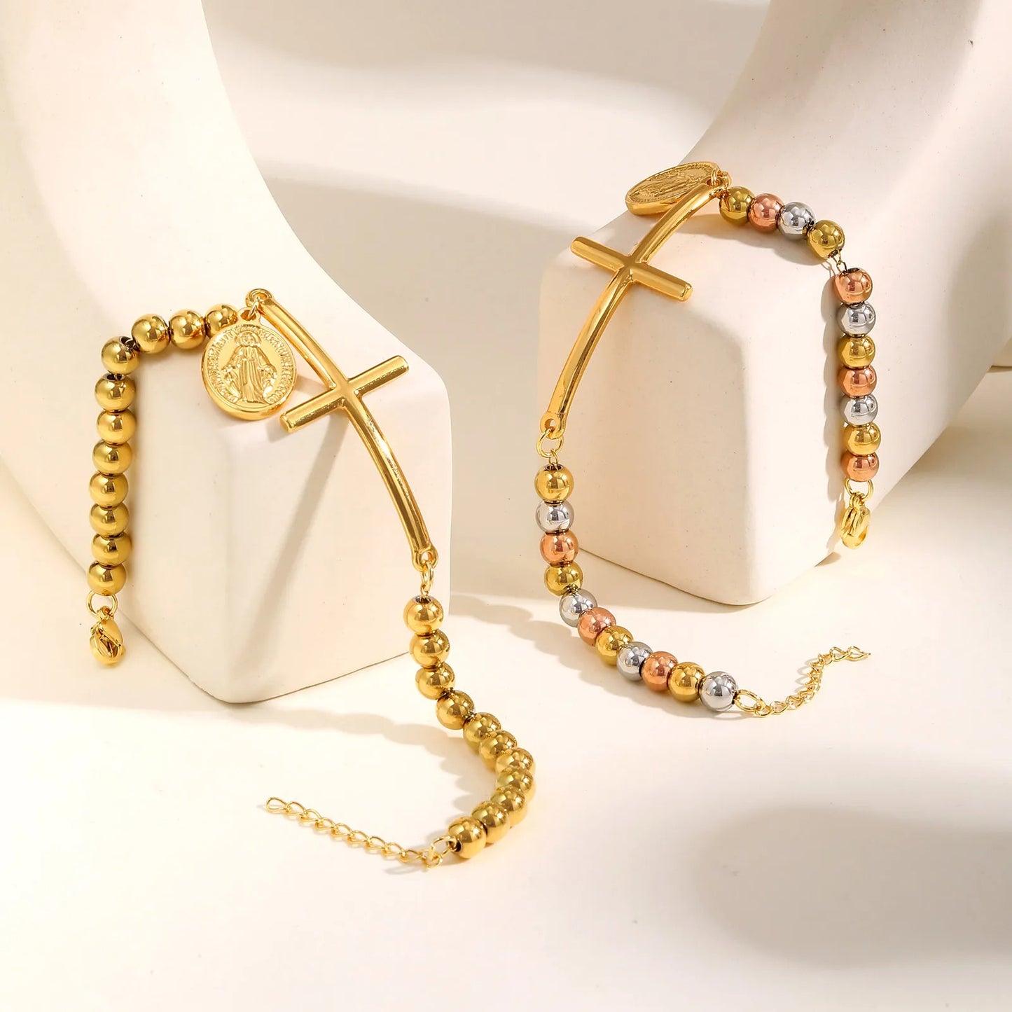 St. Benedict Cross Bracelet Tri-color Beaded Chain for Women