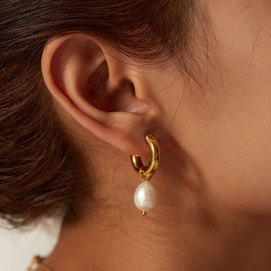 2025 Stainless Steel Gold Plated Pearl Pendant Earrings Simple Trendy Women’s Party Jewelry