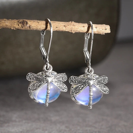 Vintage Bronze Dragonfly Earrings Fashion Gold Color Metal Carving Pattern Inlaid Multicolour Moonstone Drop Earrings for Women
