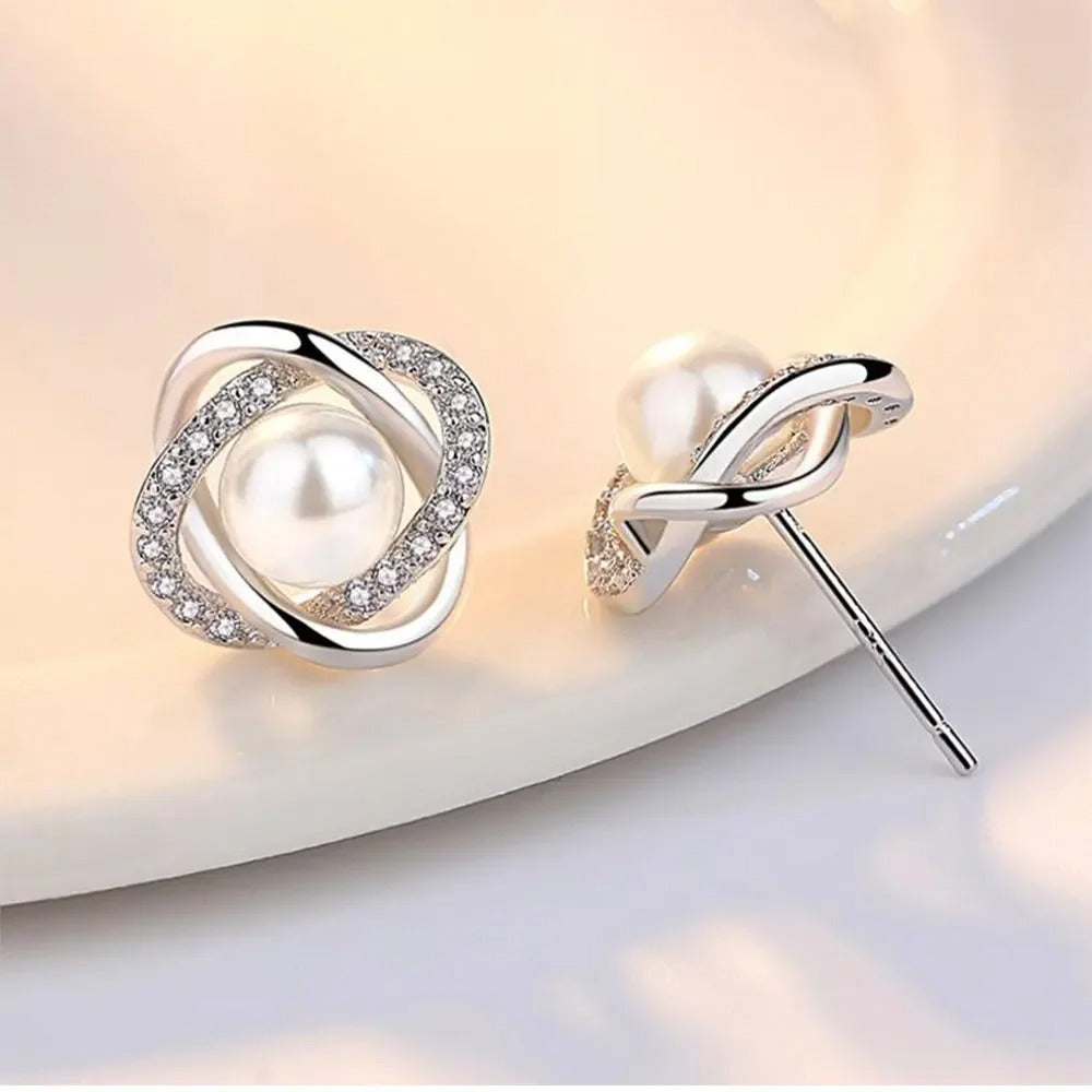 925 Sterling Silver Zircon Pearl Twist Stud Earrings for Women Luxury Elegant Fine Jewelry