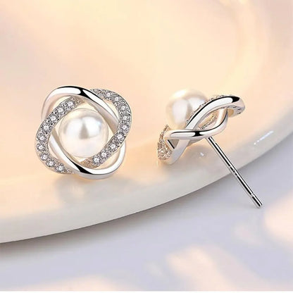 925 Sterling Silver Zircon Pearl Twist Stud Earrings for Women Luxury Elegant Fine Jewelry