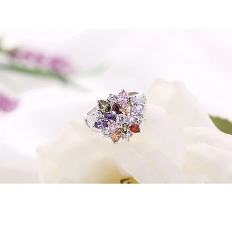 925 Sterling Silver Flower CZ Ring Colorful Party Jewelry for Women