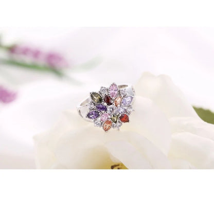925 Sterling Silver Flower CZ Ring Colorful Party Jewelry for Women