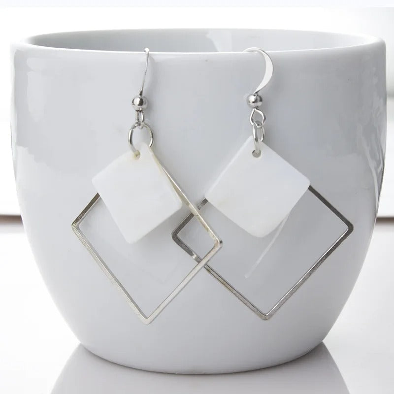Minimalist Punk Love Square White Shell Drop Earrings For Women Ear Jewelry Wedding