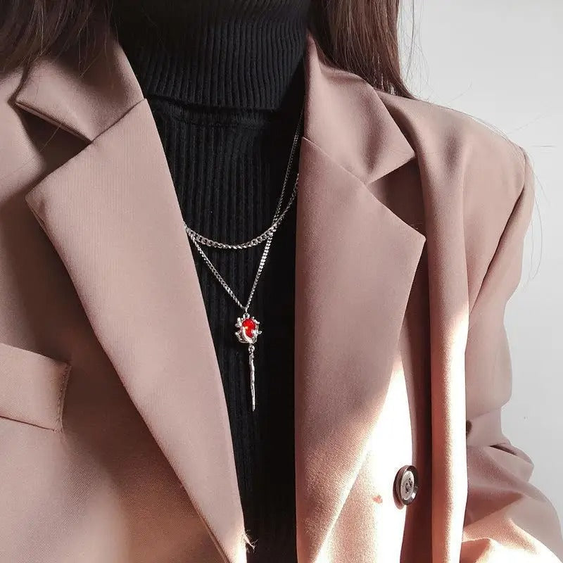 Double Layer Red Zircon Rose Necklace Y2K Floral Jewelry