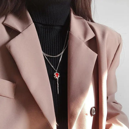 Double Layer Red Zircon Rose Necklace Y2K Floral Jewelry
