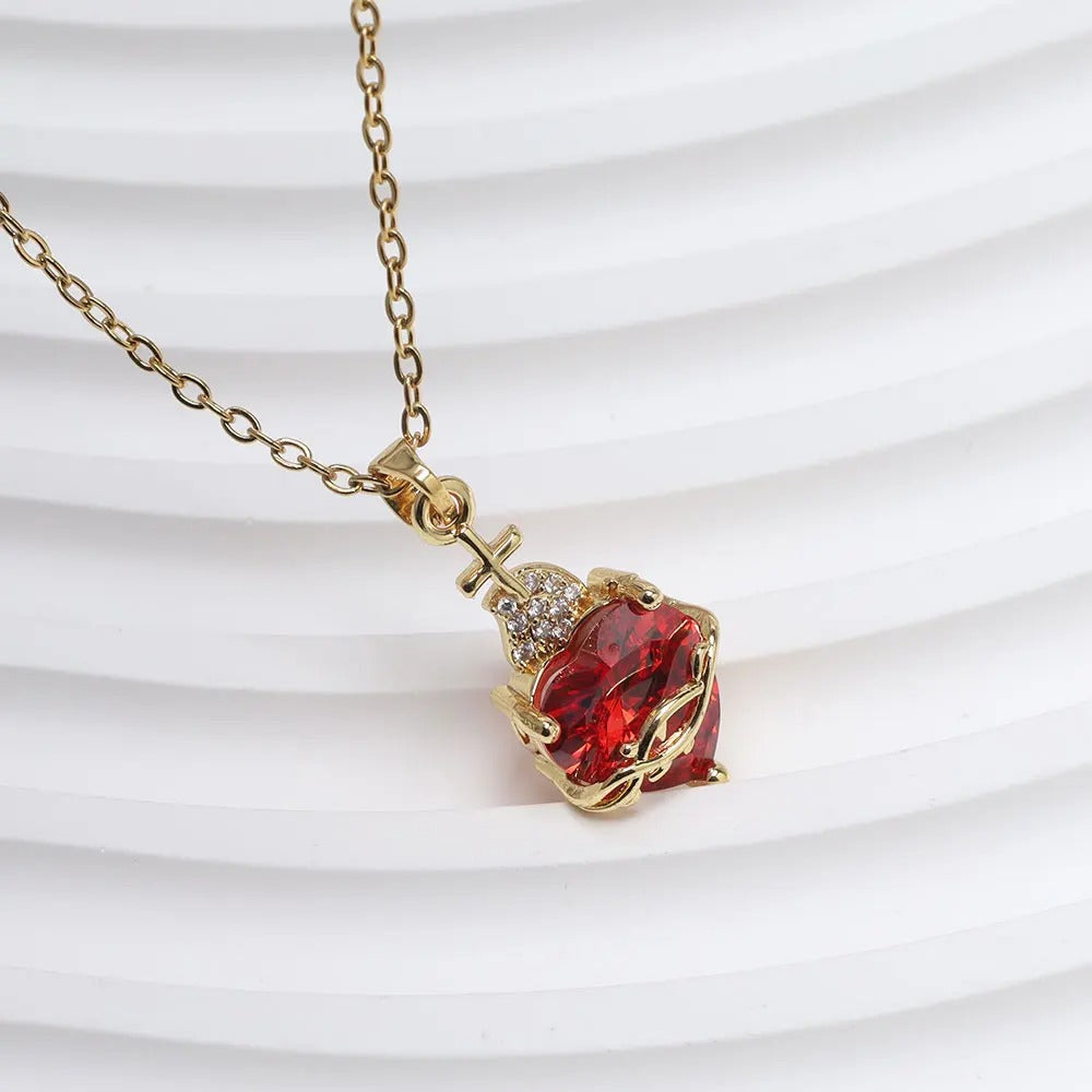 Sweet Love Heart Rhinestone Charms Pendant Necklace Cute One Arrow Through The Heart Rose Flower Around Necklaces Accessory