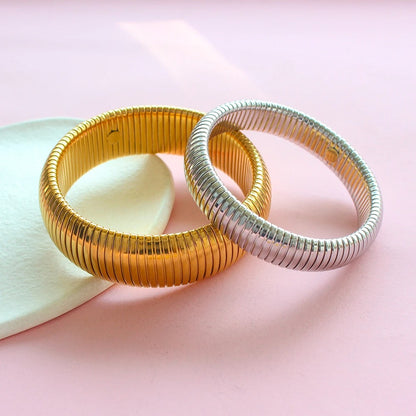Gold Plated Steel Elastic Bracelet Wide Punk Chunky Spiral Bangle