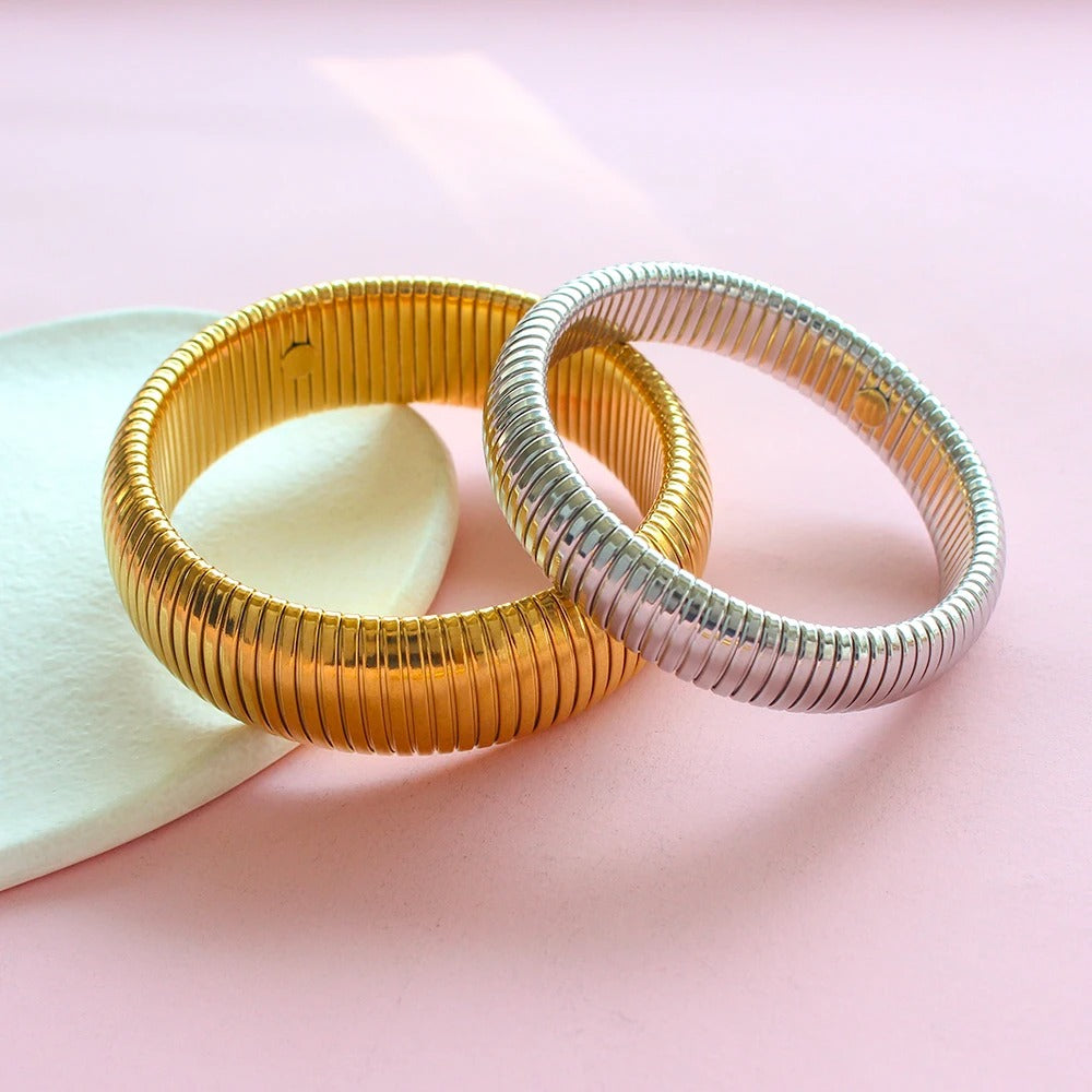 Steel Elastic Bracelet Women Gold Plated Charm Punk Wide Chunky Metal Spiral Bangle Waterproof