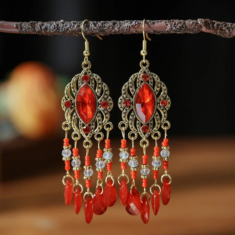 Ethnic Boho Crystal Tassel Drop Earrings Handmade for Women