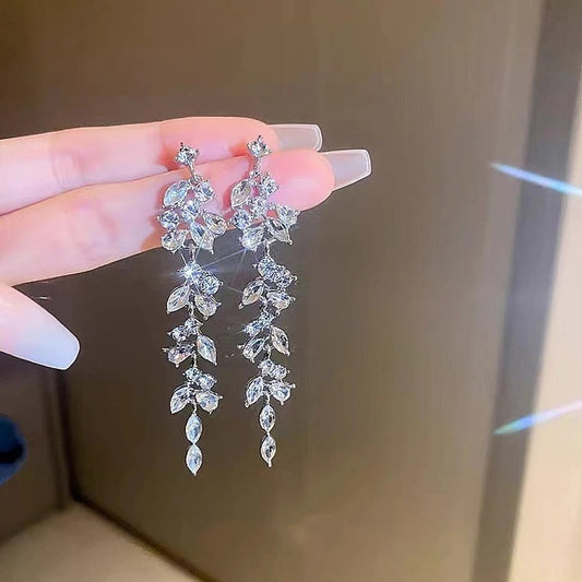 Women’s Leaf Long Tassel Earrings Full Zircon Party Wedding Jewelry