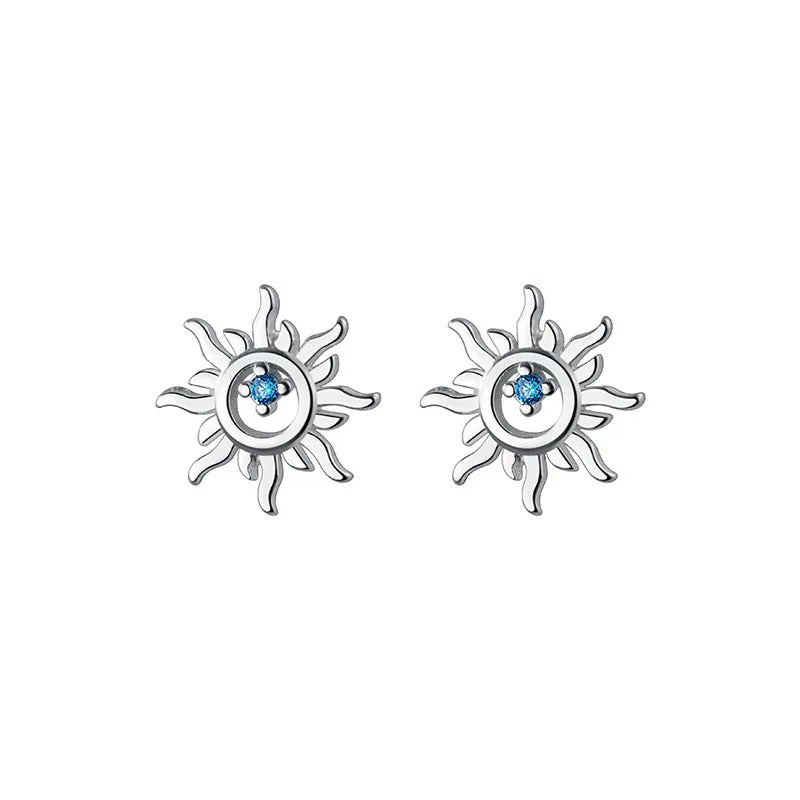 925 Sterling Silver Blue Zircon Sun Stud Earrings Women