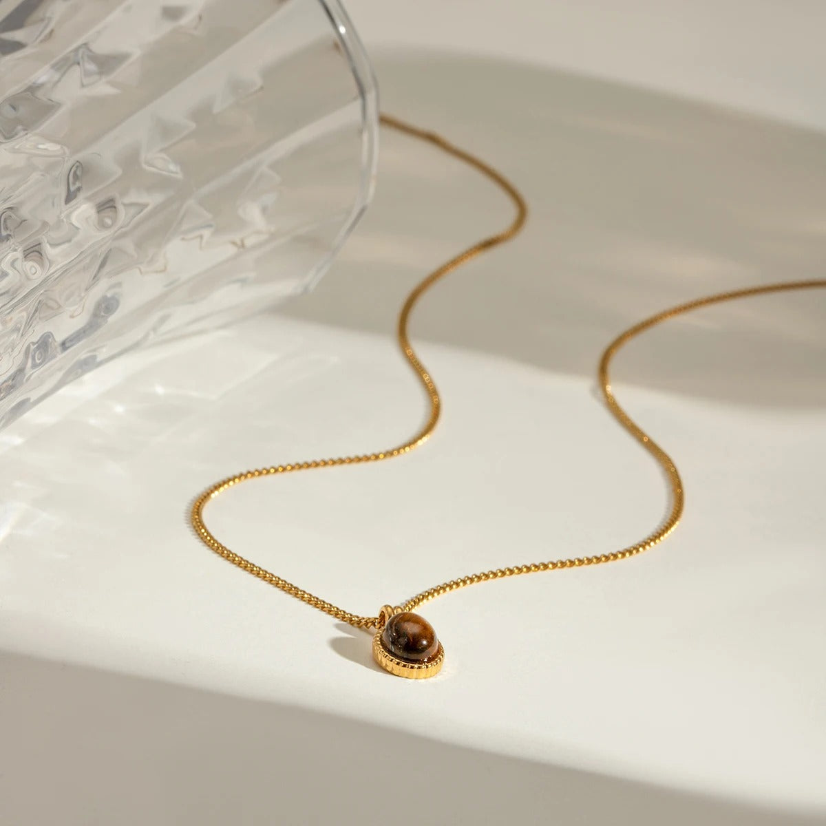 Classic 18K Gold Color Plated Stainless Steel Oval Tiger Eye Stone Pendant Necklace Women's Jewelry Holiday Gift