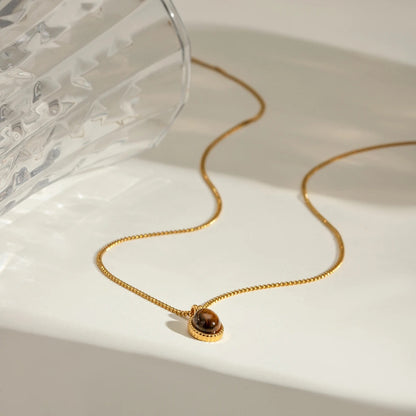 Classic 18K Gold Color Plated Stainless Steel Oval Tiger Eye Stone Pendant Necklace Women's Jewelry Holiday Gift