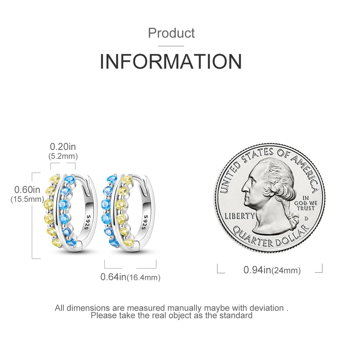 Women’s S925 Silver Hoop Earrings Sparkling Blue Yellow Zircon