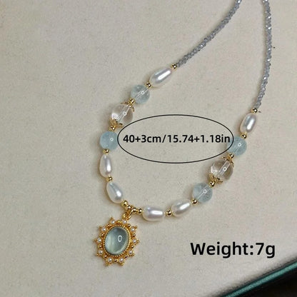 Blue Stone & Freshwater Pearl Necklace Trendy Handmade Jewelry for Women