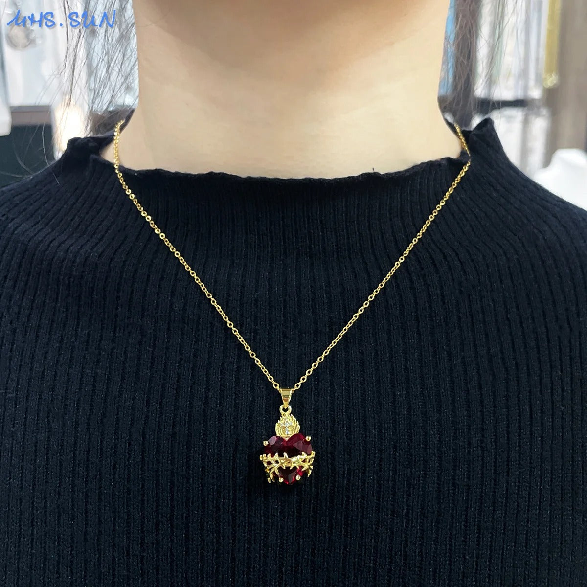 Gold Plated Sacred Heart of Jesus Cross Necklace Red Zircon Religious Catholic Pendant Necklaces For Women Girls Jewelry