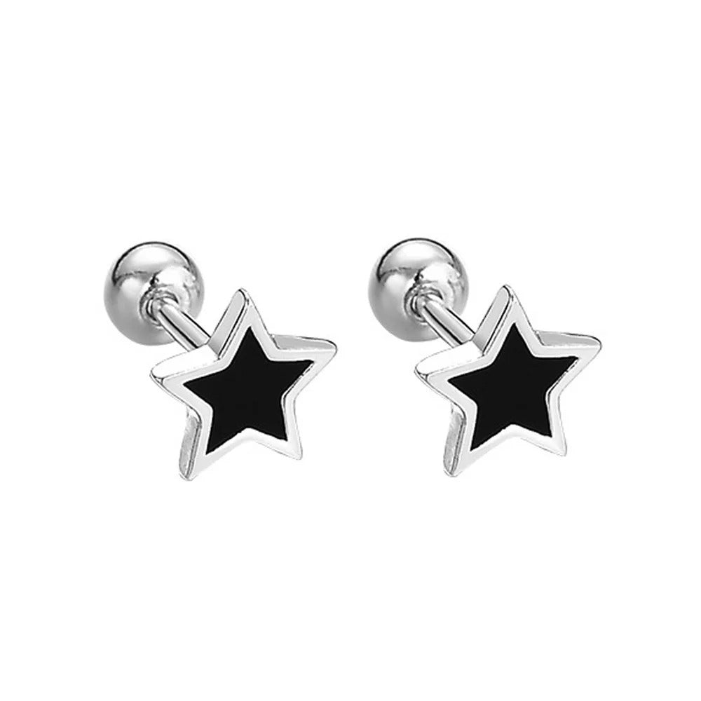 Silver Black heart Star Round Small Stud Earrings for Women Luxury Jewelry Accessories 2025 Trend.