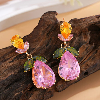 Pink Zircon Water Drop Flower Dangle Earrings for Women