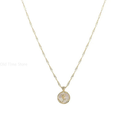 New Irregular Round Shell Metal Rose Pendant Stainless Steel Necklace for Women's Vintage Clavicle Chain Party Luxury Jewelry