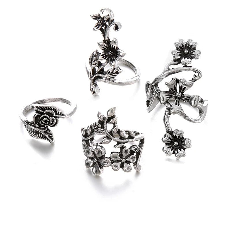 4PCS Vintage Silver Mori Flower & Vine Rings Women’s Fashion Set