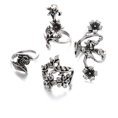 4PCS Vintage Silver Mori Flower & Vine Rings Women’s Fashion Set
