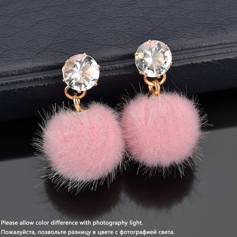 Boho Small Fluffy Ball Earrings Women’s Crystal Dangle Jewelry