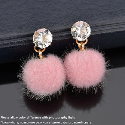 Boho Small Fluffy Ball Earrings Women’s Crystal Dangle Jewelry