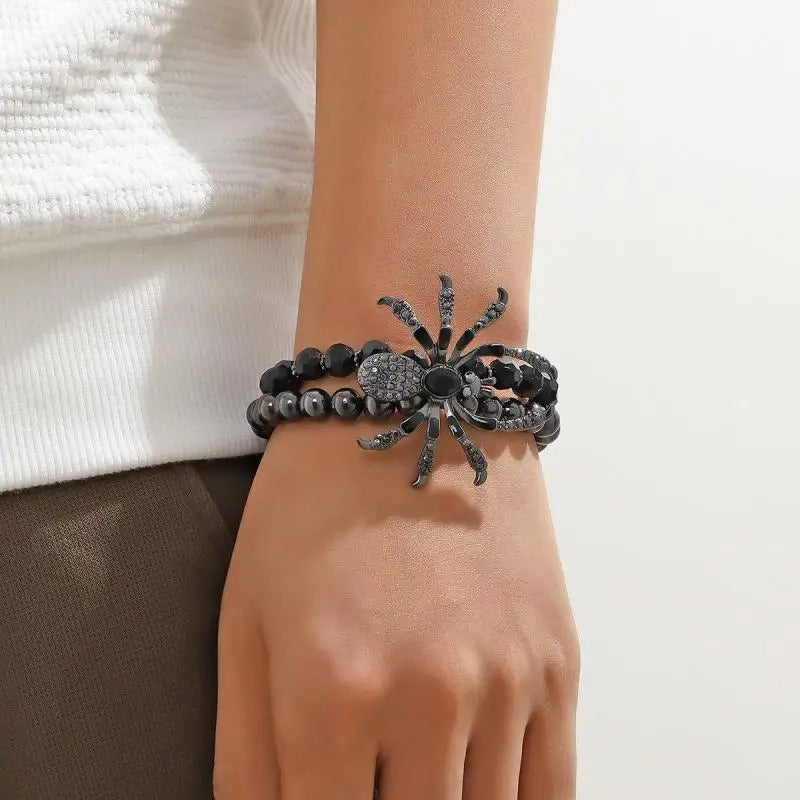 Gothic Black Spider Bead Bracelet Unisex Handmade Jewelry