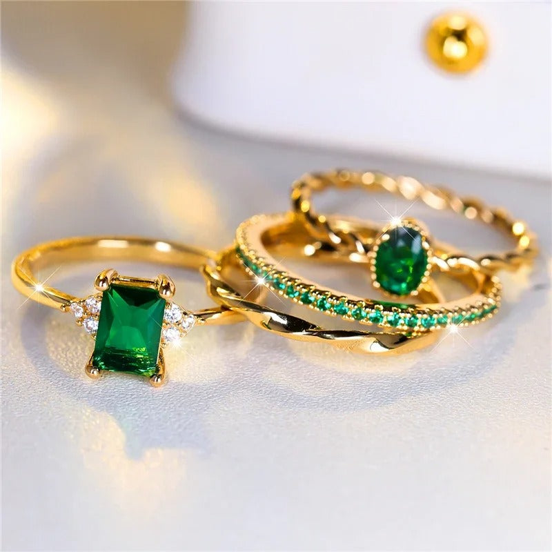 Luxury Green CZ Rings Bridal & Engagement Jewelry Set