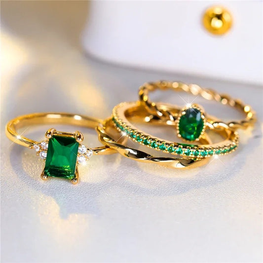 Luxury Female 4pcs Green Zircon Stone Ring Set Trendy Yellow Gold Color Engagement Cute Bride Wedding Jewelry Gift for Women