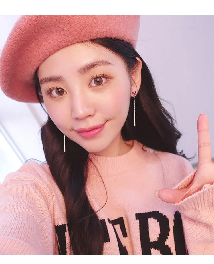 925 Sterling Silver Long Heart Earrings For Women Trend Personality Lady Fashion Jewelry