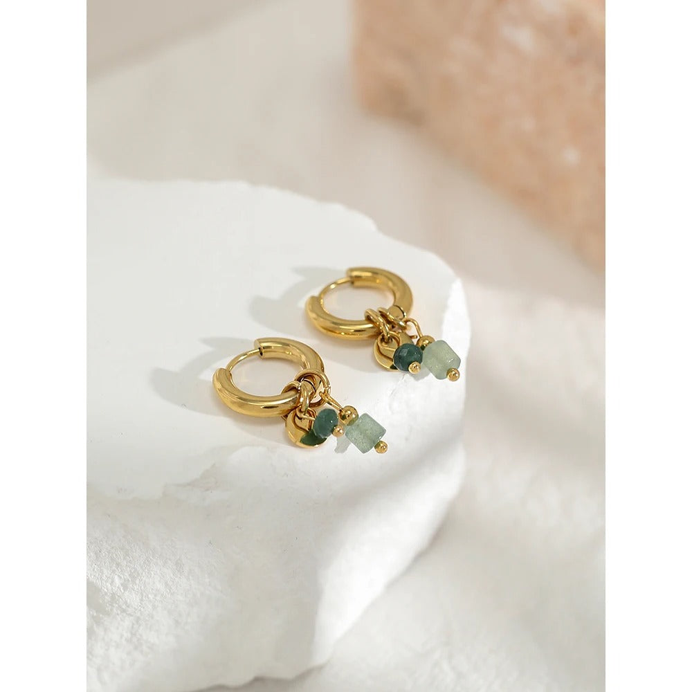 Women Gold Plated Stainless Steel Hoop Earrings Green Stone Charms