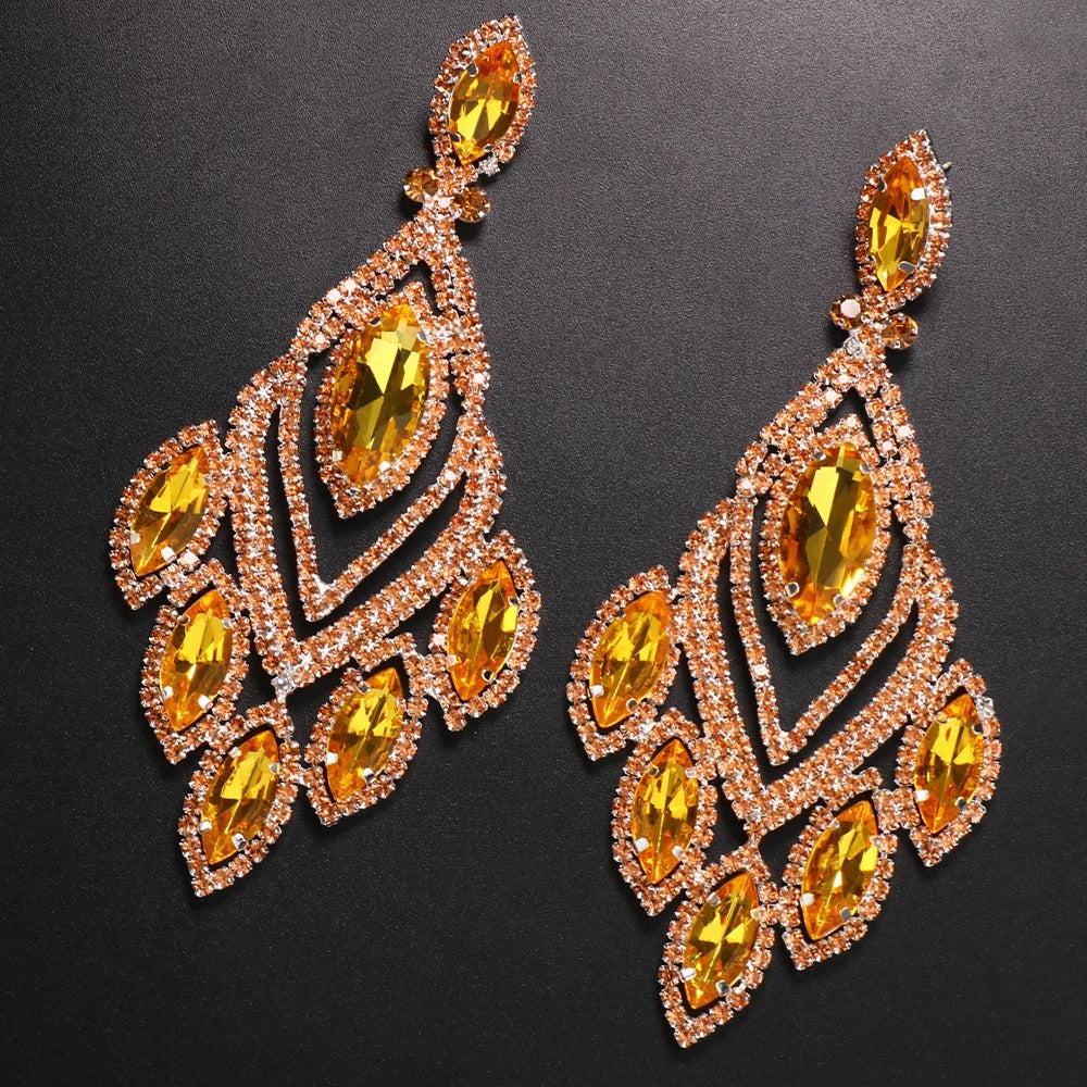 Large Orange Rhinestone Drop Earrings Women Luxury Jewelry