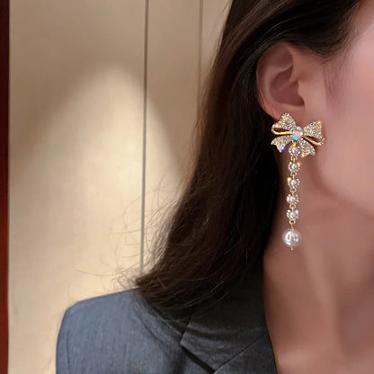 Rhinestone Dangle Earrings for Women Long Tassel Pearl Earrings Weddings Party Jewelry