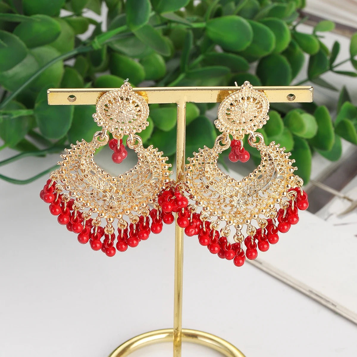Gold Heart Flower Dangle Earrings with Pink Beads Women