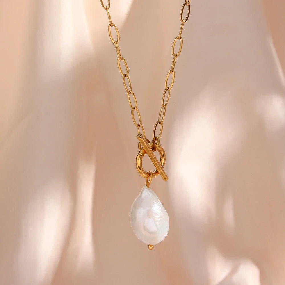 Freshwater Pearl Pendant Necklace Stainless Steel Gold Plated Women
