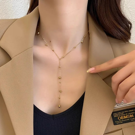 316L Stainless Steel Gold Beaded Long Chain Necklace for Women Elegant Fashion Jewelry Wedding Gift