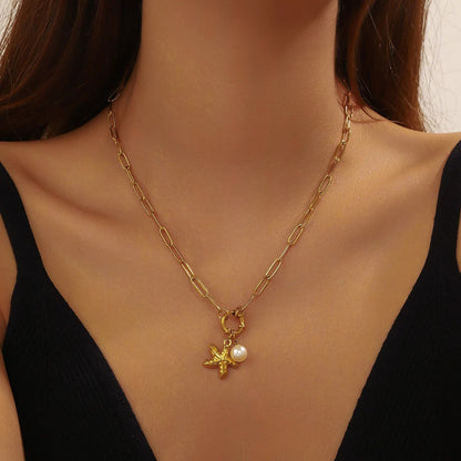 316L Stainless Steel Golden Ocean Style Starfish Pearl Pendant Necklace Lady New Summer Beach Neck Chain Jewelry Gift