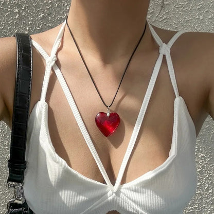 Vintage Heart Crystal Necklace Women Artistic Red Crystal Pendant Girl Lightweight Cute PU Rope Choker Chain Jewelry Accessories