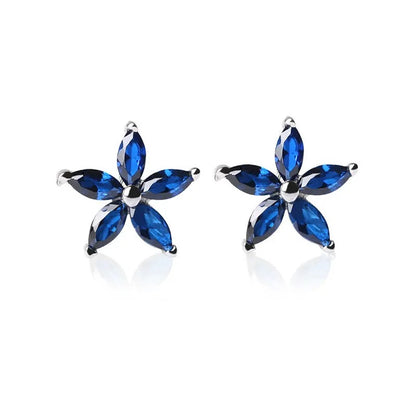 Women’s Small Flower Stud Earrings Blue Zircon 925 Silver Gold