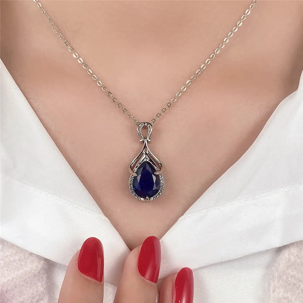 Blue Water Drop Cubic Zirconia Pendant Necklace Anniversary Party Elegant Lady's Neck Accessories Women Trendy Jewelry