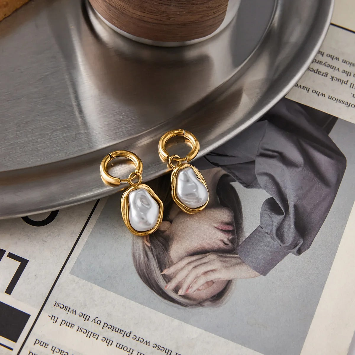 Ars Imitation Pearl Dangle Hoop Earrings 18K Gold Plated Women