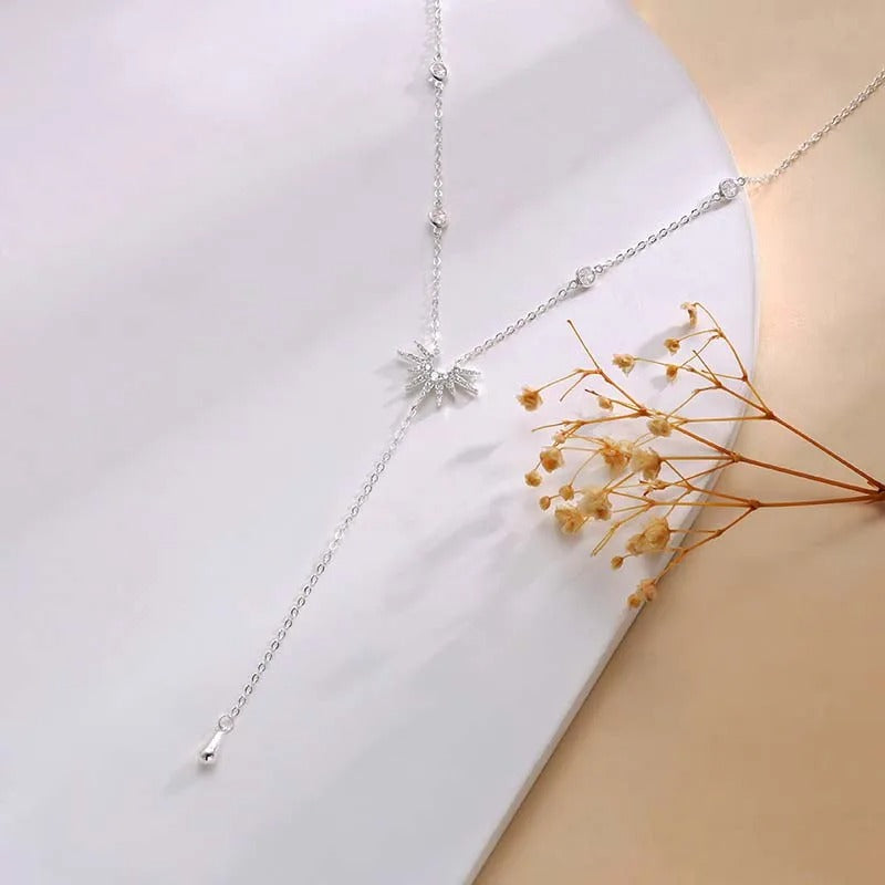 Gold Y-Shaped Sun Pendant Necklace Zircon Tassel