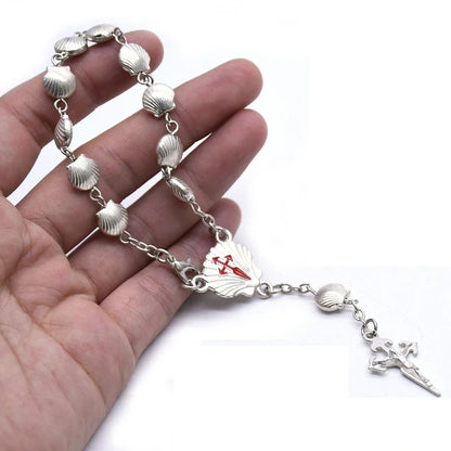 Metal Shell Rosary Bracelet For Men Women Vintage Strand Cross Religious Jewelry