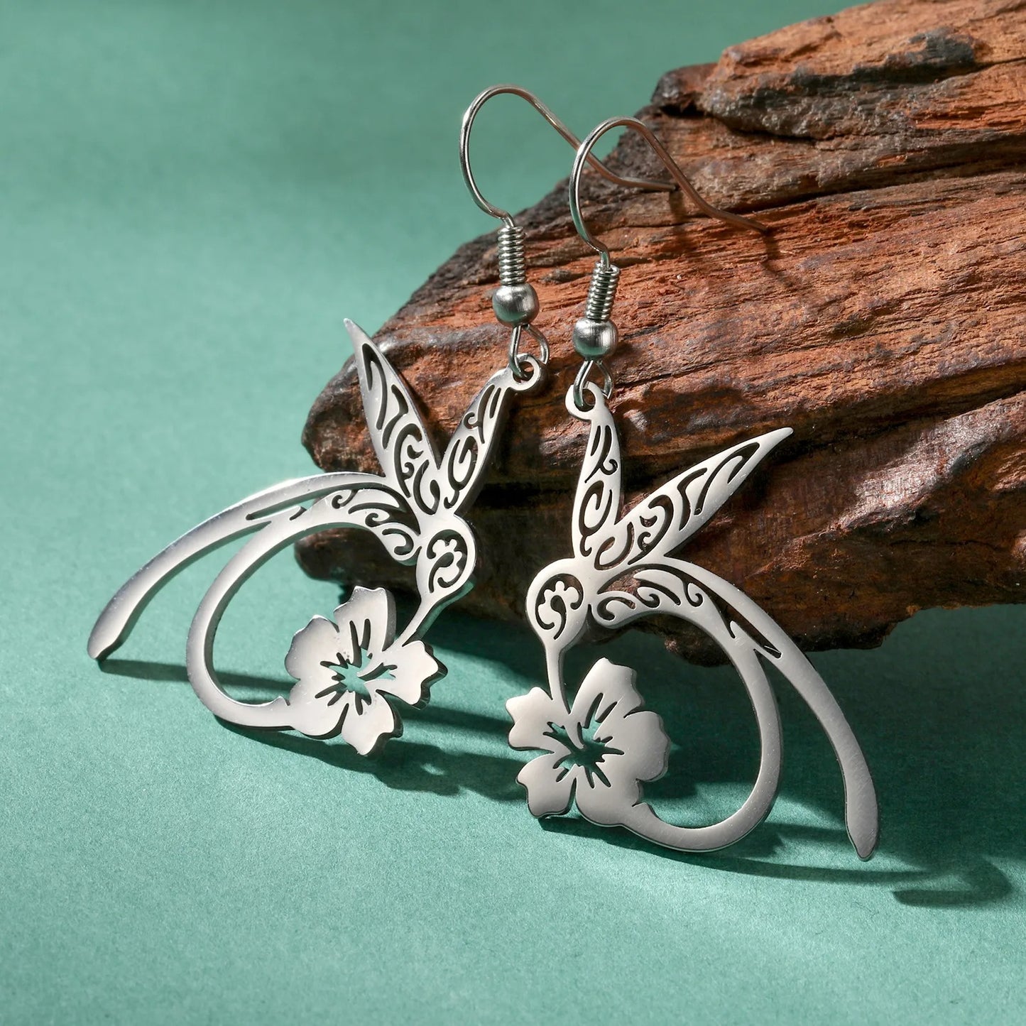 Women’s Hummingbird Flower Pendant Earrings Gold Animal Jewelry Gift