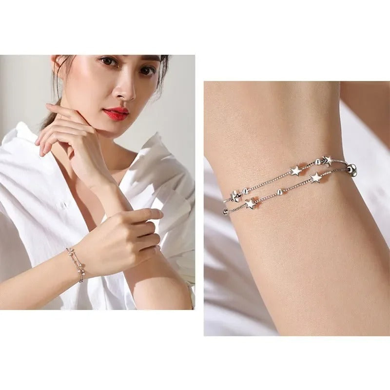 Sterling Silver Double Layers Stars Beads Bracelets for Women Elegant Box Chain Charm Bracelet Birthday Party Gift
